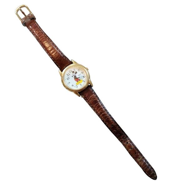 Vintage Lorus Mickey Mouse Watch Quartz Needs Battery Leather Strap White Gloves - Picture 3 of 10